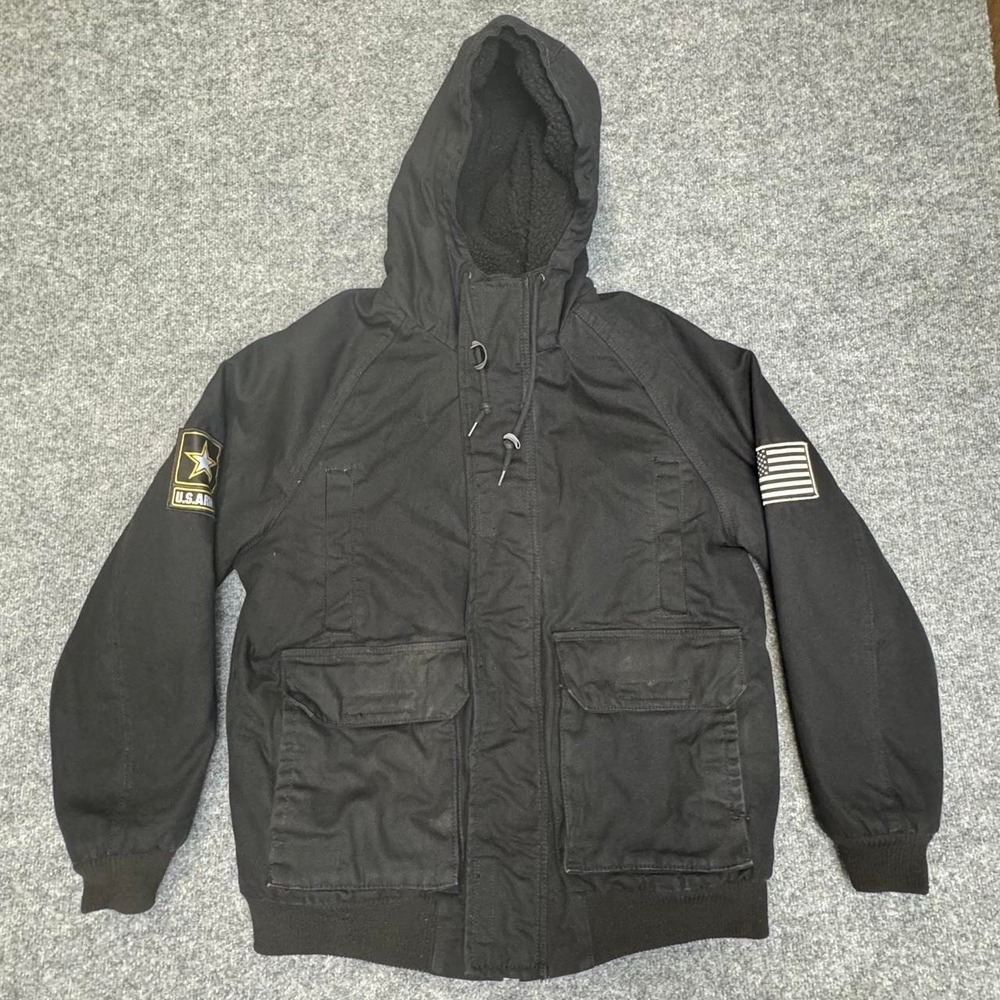U.S. Army black jacket with hood, size Small. Some minor stains.
